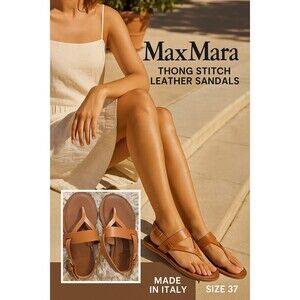 Max Mara Leather Thong Stitch Sandals | Tan Brown | Made in Italy | Size 37